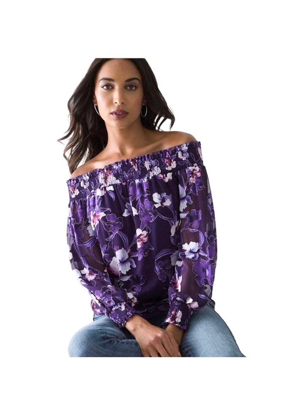 Off-Shoulder Purple Floral Women's Blouse